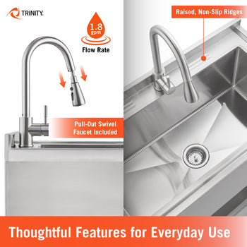 A Trinity stainless steel utility sink is shown highlighting functional features such as a pull-out swivel faucet with a 1.8 gpm flow rate. The graphic also features the basin area, which includes raised, non-slip ridges designed for everyday use.