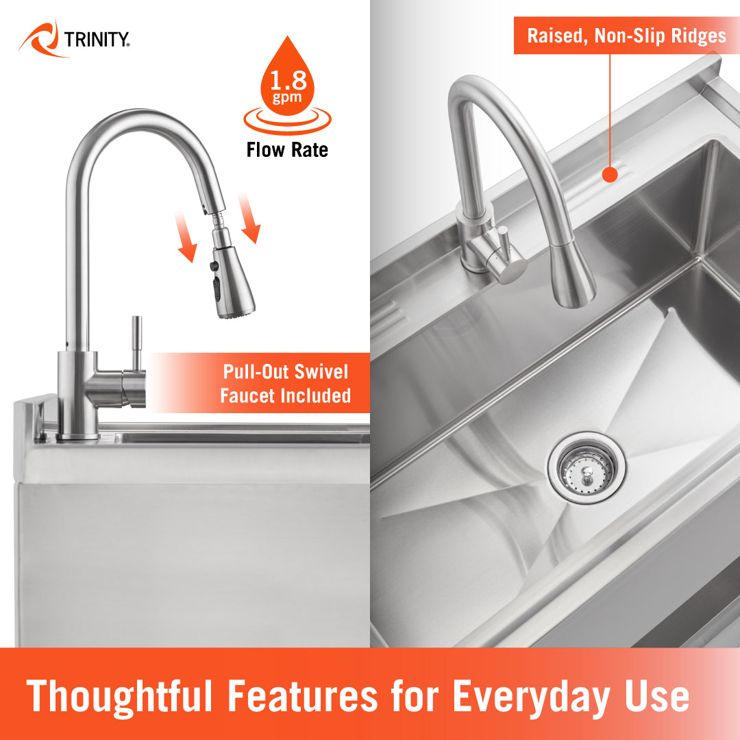 A Trinity stainless steel utility sink is shown highlighting functional features such as a pull-out swivel faucet with a 1.8 gpm flow rate. The graphic also features the basin area, which includes raised, non-slip ridges designed for everyday use.
