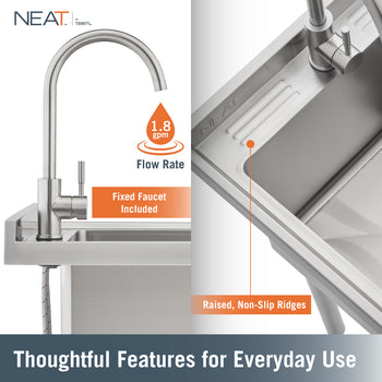 This promotional image for NEAT by Trinity highlights key features of their stainless steel sink, including a fixed faucet and an efficient 1.8 gpm flow rate. A second close-up view of the basin floor demonstrates the inclusion of raised, non-slip ridges, positioned as thoughtful features for everyday use.