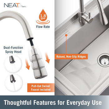 This NEAT by Trinity utility sink features a pull-out swivel faucet with a dual-function spray head and a 1.8 gpm flow rate. The stainless steel basin is designed with raised, non-slip ridges along the back deck and includes a standard drain strainer for everyday use.