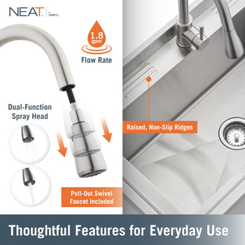 This NEAT by Trinity utility sink features a pull-out swivel faucet with a dual-function spray head and a 1.8 gpm flow rate. The stainless steel basin is designed with raised, non-slip ridges along the back deck and includes a standard drain strainer for everyday use.