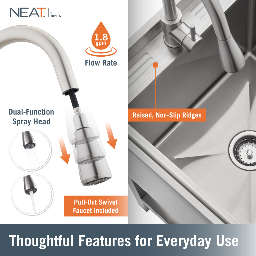 This NEAT by Trinity utility sink features a pull-out swivel faucet with a dual-function spray head and a 1.8 gpm flow rate. The stainless steel basin is designed with raised, non-slip ridges along the back deck and includes a standard drain strainer for everyday use.