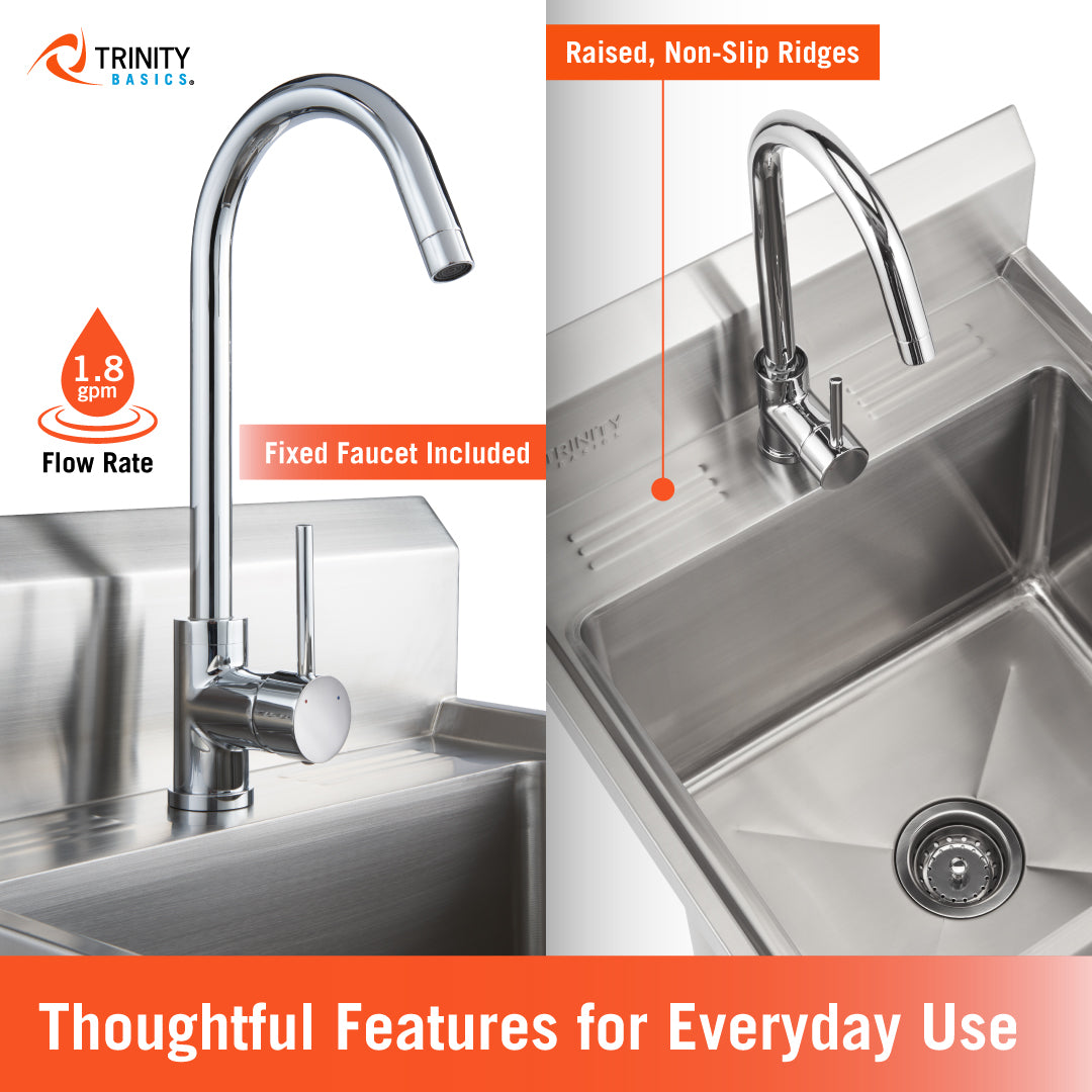 A Trinity Basics stainless steel utility sink is shown highlighting functional features for everyday use. The graphic features a chrome fixed faucet with a 1.8 gpm flow rate and a basin area equipped with raised, non-slip ridges.