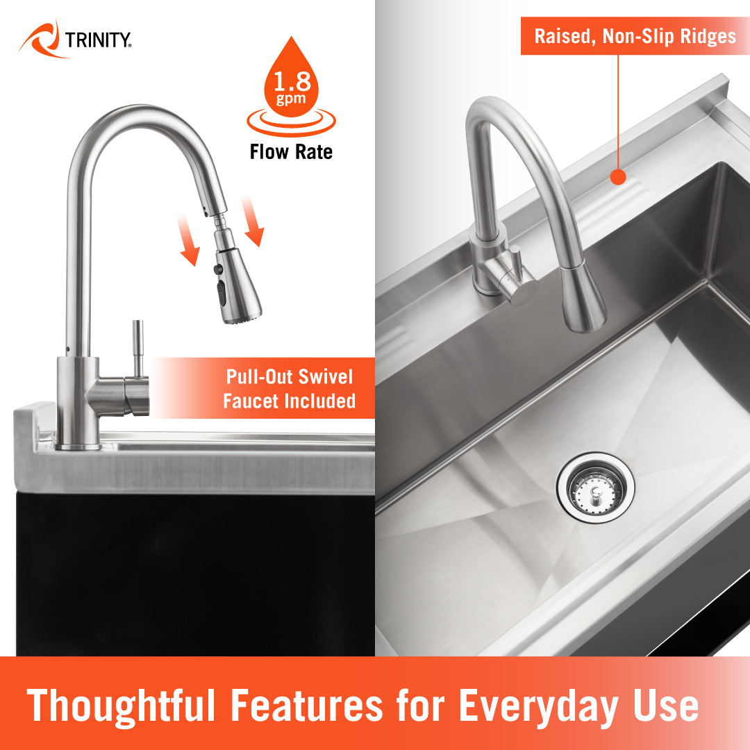A Trinity utility sink with a black finish is shown highlighting functional features such as a pull-out swivel faucet with a 1.8 gpm flow rate. The graphic also features the basin area, which includes raised, non-slip ridges designed for everyday use.
