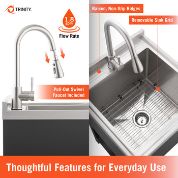 This Trinity utility sink features a pull-out swivel faucet with a 1.8 gpm flow rate and a stainless steel basin equipped with a removable sink grid. The design also includes raised, non-slip ridges along the back deck and a standard drain strainer for functional everyday use.