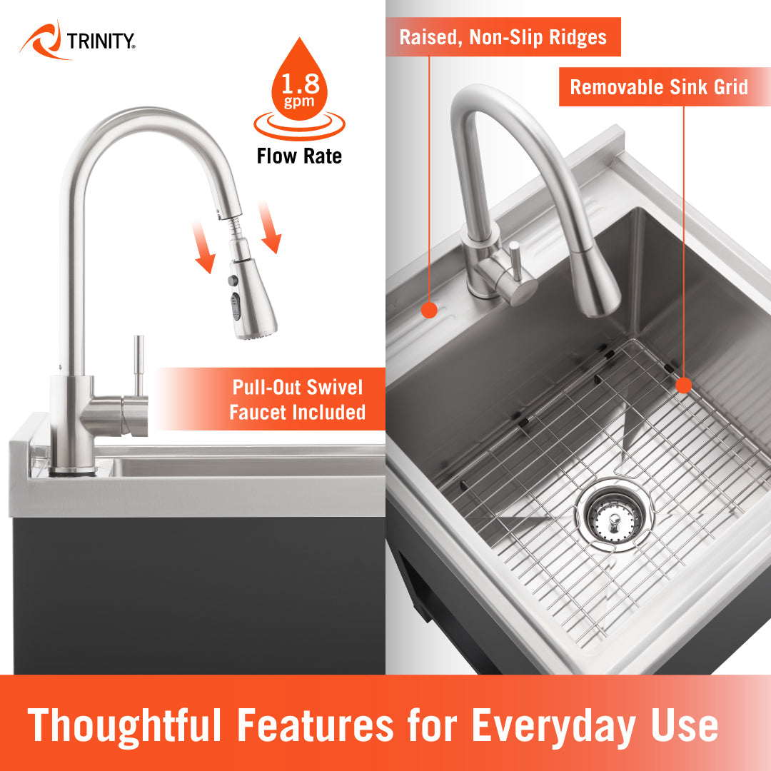 This Trinity utility sink features a pull-out swivel faucet with a 1.8 gpm flow rate and a stainless steel basin equipped with a removable sink grid. The design also includes raised, non-slip ridges along the back deck and a standard drain strainer for functional everyday use.