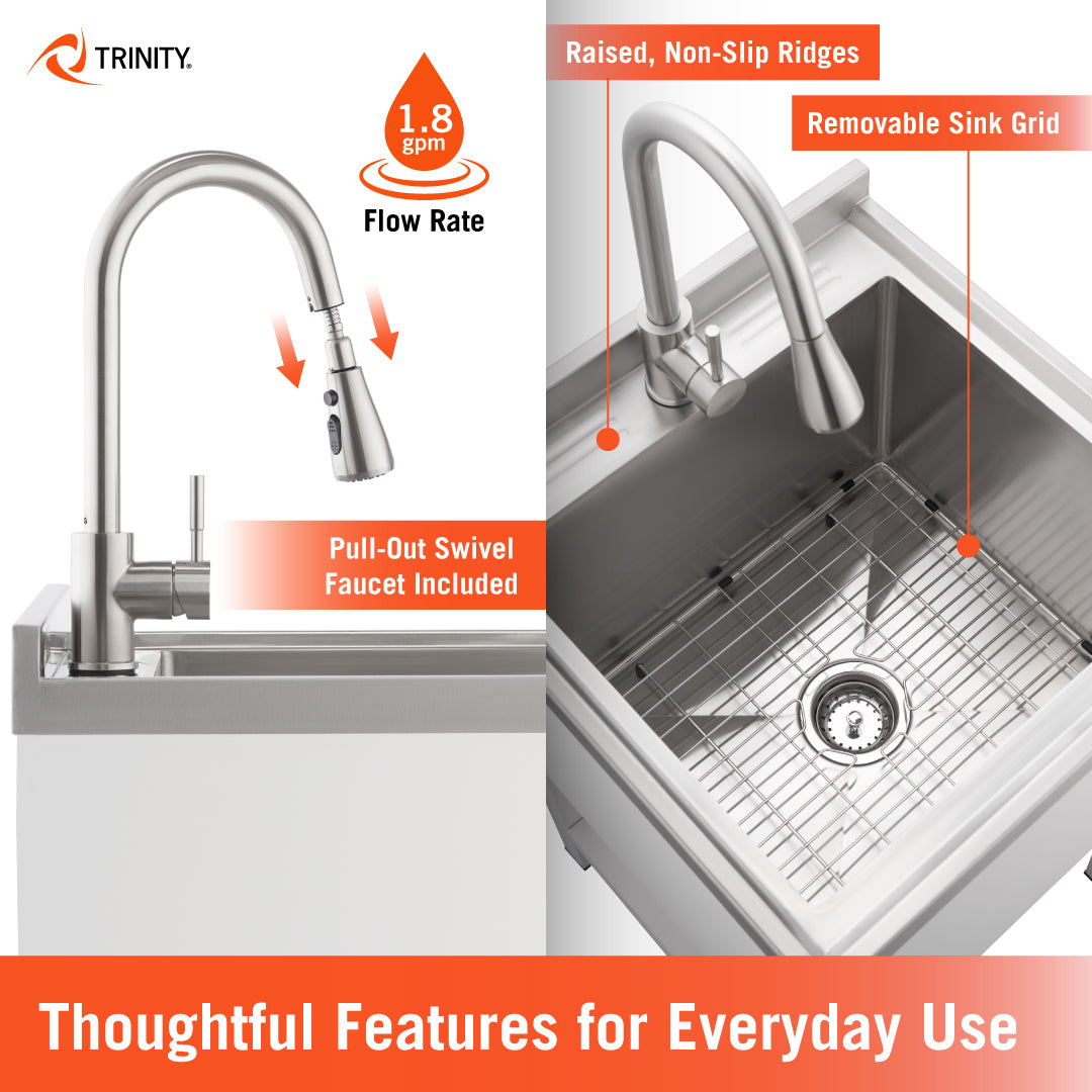 This Trinity utility sink includes a pull-out swivel faucet with a 1.8 gpm flow rate and a stainless steel basin equipped with a removable sink grid. The design also features raised, non-slip ridges along the back deck and a standard drain strainer for functional everyday use.