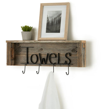 A rustic wooden shelf with the word 