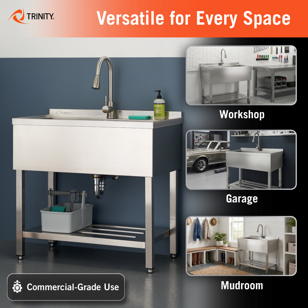 A Trinity commercial-grade stainless steel utility sink is shown as a versatile option for various settings. Three inset images demonstrate the sink's use in a workshop, a garage, and a mudroom environment.