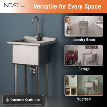 This advertisement for the Neat by Trinity stainless steel utility sink shows three distinct use-cases for the product. Small inset images show the sink positioned in a laundry room, a garage, and a mudroom, illustrating its flexibility in different home settings.