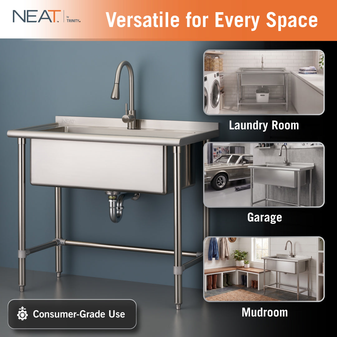 This promotional image for a NEAT by TRINITY utility sink highlights its consumer-grade design and versatility for various home environments. Small inset photos demonstrate the sink effectively installed in a laundry room, garage, and mudroom.