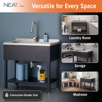 This NEAT by Trinity utility sink features a powder-coated black finish and a pull-down faucet, shown here staged with cleaning supplies on its integrated bottom shelf. The image highlights its versatility for consumer-grade use, providing visual examples of the sink installed in a laundry room, garage, and mudroom.