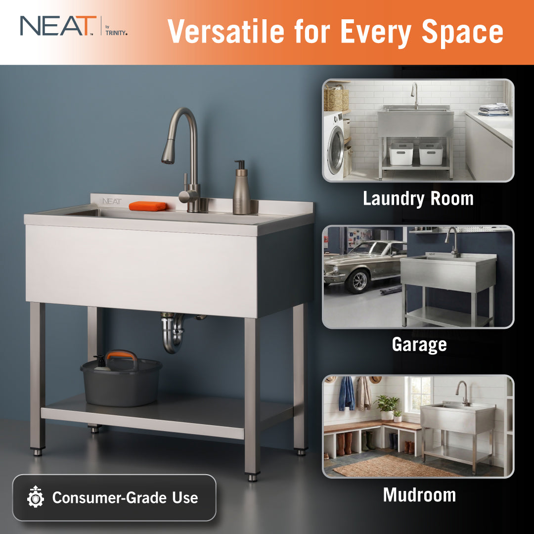This NEAT by Trinity utility sink features an all-stainless steel design with a pull-down faucet and an integrated bottom storage shelf for consumer-grade use. The image includes inset photos demonstrating its versatility in various home environments, including a laundry room, garage, and mudroom.