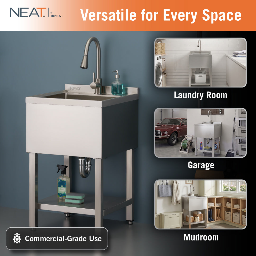This NEAT by Trinity commercial-grade utility sink is shown in an all-stainless steel finish with a pull-down faucet and a bottom storage shelf. The image features three inset photos demonstrating its versatility in different home settings, including a laundry room, garage, and mudroom.