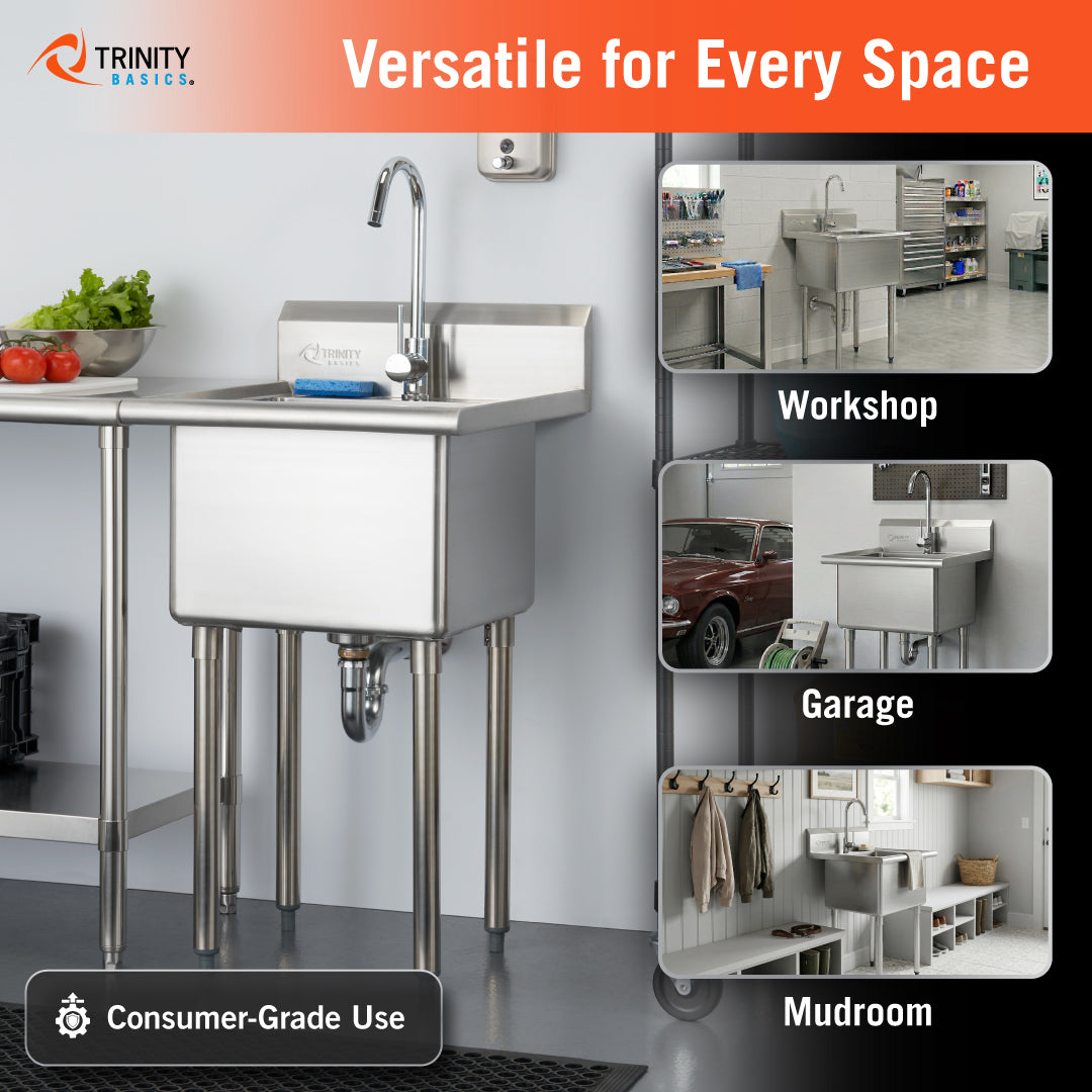 A stainless steel utility sink from Trinity Basics is shown as a versatile solution for consumer-grade use. Three inset photos demonstrate the sink installed in various household and workspace environments, specifically a workshop, a garage, and a mudroom.