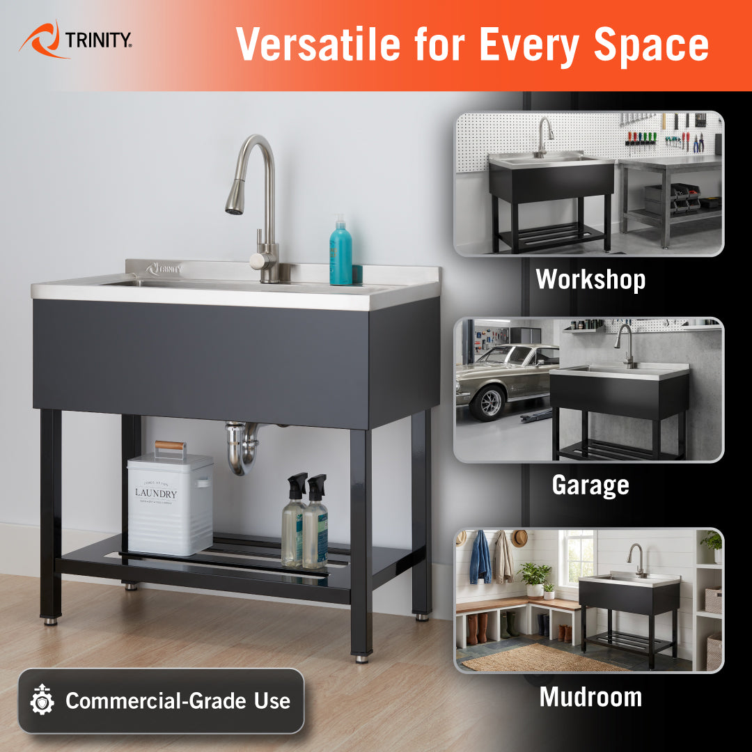 A Trinity commercial-grade utility sink with a black finish is shown as a versatile option for various settings. Three inset images demonstrate the sink's use in a workshop, a garage, and a mudroom environment.