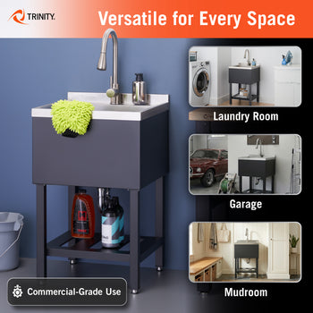 This Trinity commercial-grade utility sink features a powder-coated black finish and a pull-down faucet, shown here staged with cleaning supplies on its slotted bottom shelf. The infographic highlights its versatility for various spaces, providing visual examples of the unit installed in a laundry room, garage, and mudroom.
