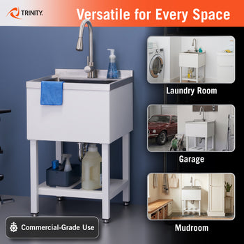 This Trinity commercial-grade utility sink features a powder-coated white finish and a pull-down faucet, shown here staged with laundry detergent and cleaning supplies on its slotted bottom shelf. The infographic highlights its versatility for various spaces, providing visual examples of the unit installed in a laundry room, garage, and mudroom.