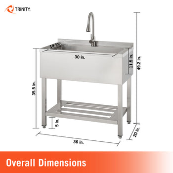 A Trinity stainless steel utility sink is shown with detailed overall dimensions, including a total height of 49.2 inches and a width of 36 inches. The diagram specifies the basin depth at 11.5 inches and depth of 20 inches, while highlighting the 35.5-inch height of the sink rim and a 5-inch clearance for the bottom shelf.