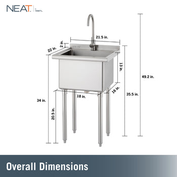 A stainless steel utility sink with a tall faucet is shown with comprehensive measurement labels indicating an overall height of 49.2 inches and a width of 21.5 inches. The diagram specifies a 13-inch deep basin, 2-inch backsplash, 34-inch front rim height, 35.5-inch rear height, and legs measuring 20.5 inches tall with a footprint of 18 by 16 inches.