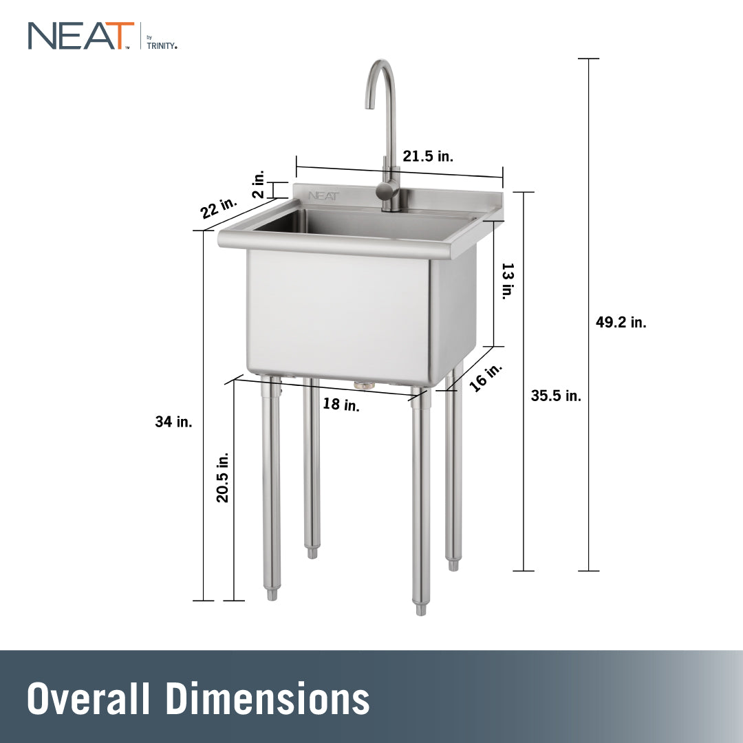 A stainless steel utility sink with a tall faucet is shown with comprehensive measurement labels indicating an overall height of 49.2 inches and a width of 21.5 inches. The diagram specifies a 13-inch deep basin, 2-inch backsplash, 34-inch front rim height, 35.5-inch rear height, and legs measuring 20.5 inches tall with a footprint of 18 by 16 inches.