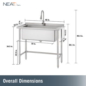 A stainless steel utility sink is depicted with comprehensive measurements: a 40 in. width, 22 in. depth, 34.5 in. front rim height, and a 49.4 in. total height to the faucet top. Additional dimensions specify a 11.5 in. basin depth, 16 in. leg depth, 32 in. width between legs, a 22.5 in. floor-to-basin clearance, and a 2 in. backsplash with a 36.1 in. rear height.