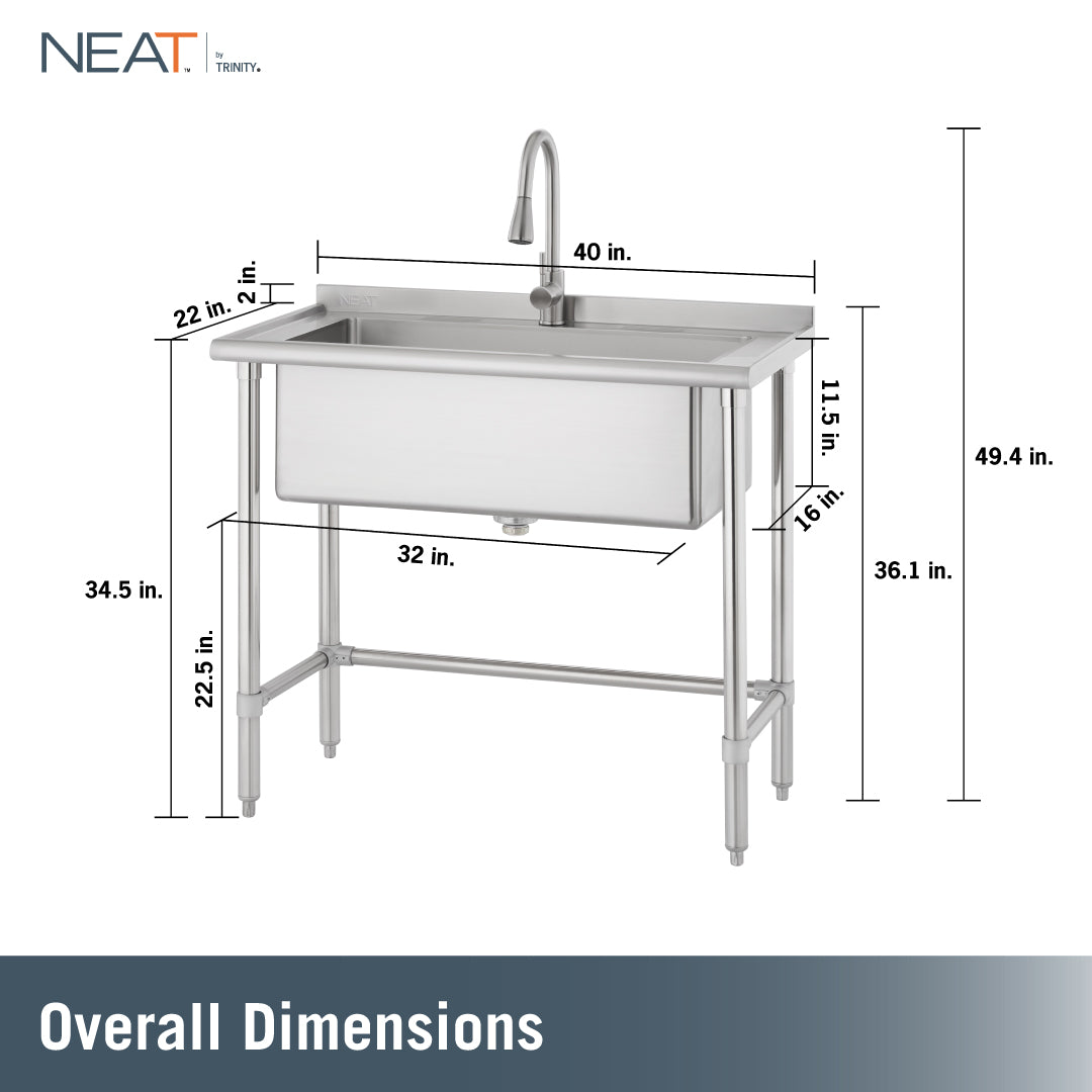 A stainless steel utility sink is depicted with comprehensive measurements: a 40 in. width, 22 in. depth, 34.5 in. front rim height, and a 49.4 in. total height to the faucet top. Additional dimensions specify a 11.5 in. basin depth, 16 in. leg depth, 32 in. width between legs, a 22.5 in. floor-to-basin clearance, and a 2 in. backsplash with a 36.1 in. rear height.