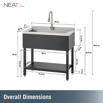 The utility sink features a total height of 49.2 inches, a 36-inch width, a 20-inch depth, and a 35.5-inch countertop height including a 2-inch backsplash. Its internal basin measures 11.5 inches deep, while the lower storage frame spans 31.5 inches wide and 18 inches deep with a 14.7-inch clearance between the shelf and the 14-inch tall upper cabinet.