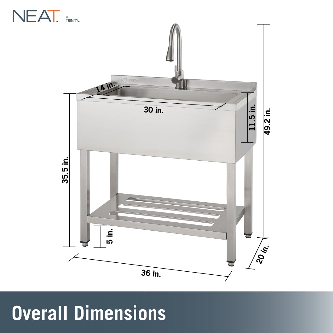 This NEAT by Trinity utility sink features an overall size of 36" W x 20" D x 49.2" H, with a stainless steel basin measuring 30" W x 14" D x 11.5" H. The unit includes a pull-down faucet, a slotted bottom shelf positioned 5" off the ground, and a sink deck height of 35.5".
