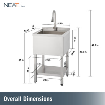 A stainless steel utility sink with a faucet is shown with various dimensions, including an overall height of 49.2 in., a backsplash height of 35.5 in., a sink rim height of 34 in., and a 2 in. depth for the backsplash. The sink basin measures 21.5 in. wide by 22 in. deep by 13 in. tall, while the lower storage shelf is 20 in. wide by 16.8 in. deep, supported by legs that are 20 in. tall with 1.5 in. adjustable feet.