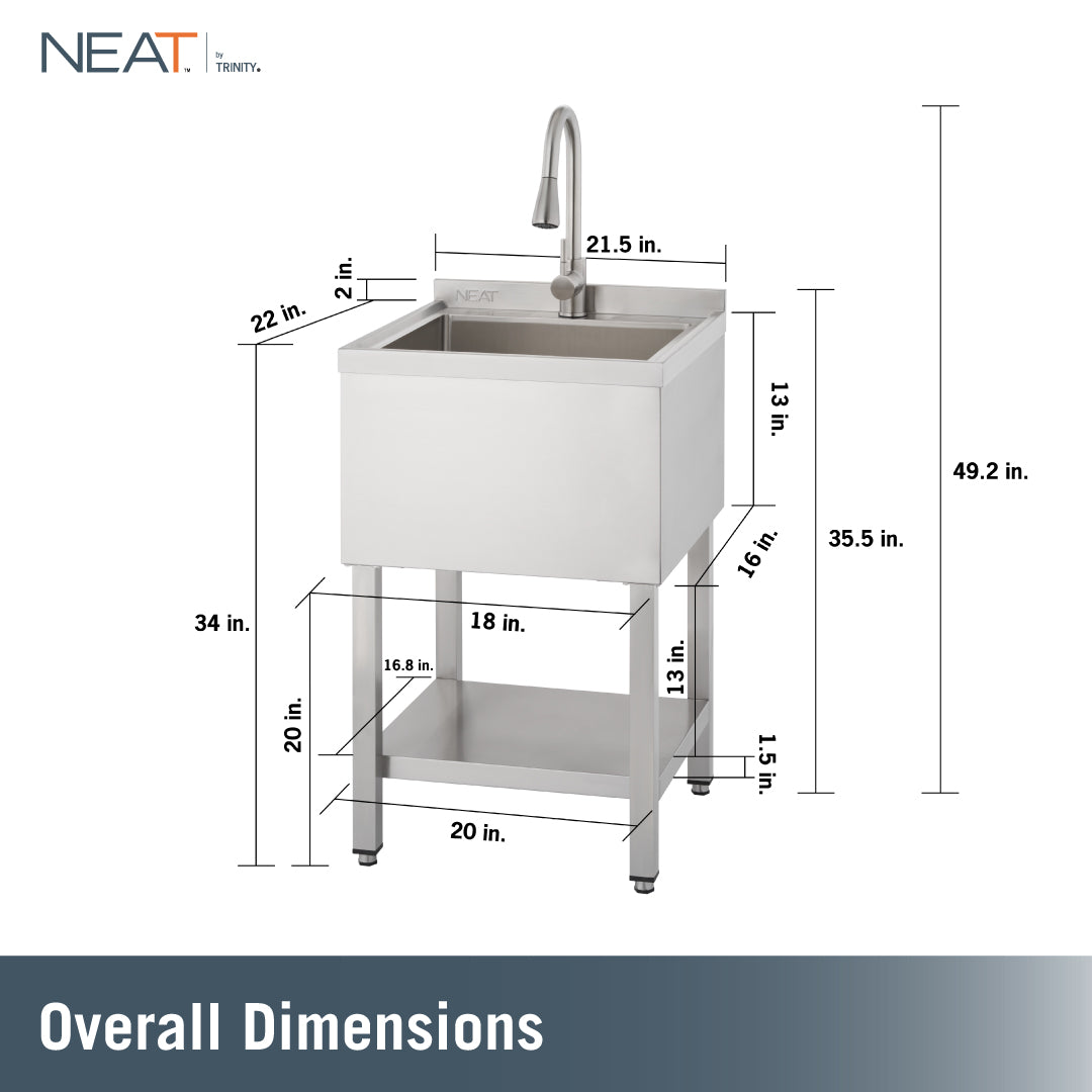 A stainless steel utility sink with a faucet is shown with various dimensions, including an overall height of 49.2 in., a backsplash height of 35.5 in., a sink rim height of 34 in., and a 2 in. depth for the backsplash. The sink basin measures 21.5 in. wide by 22 in. deep by 13 in. tall, while the lower storage shelf is 20 in. wide by 16.8 in. deep, supported by legs that are 20 in. tall with 1.5 in. adjustable feet.