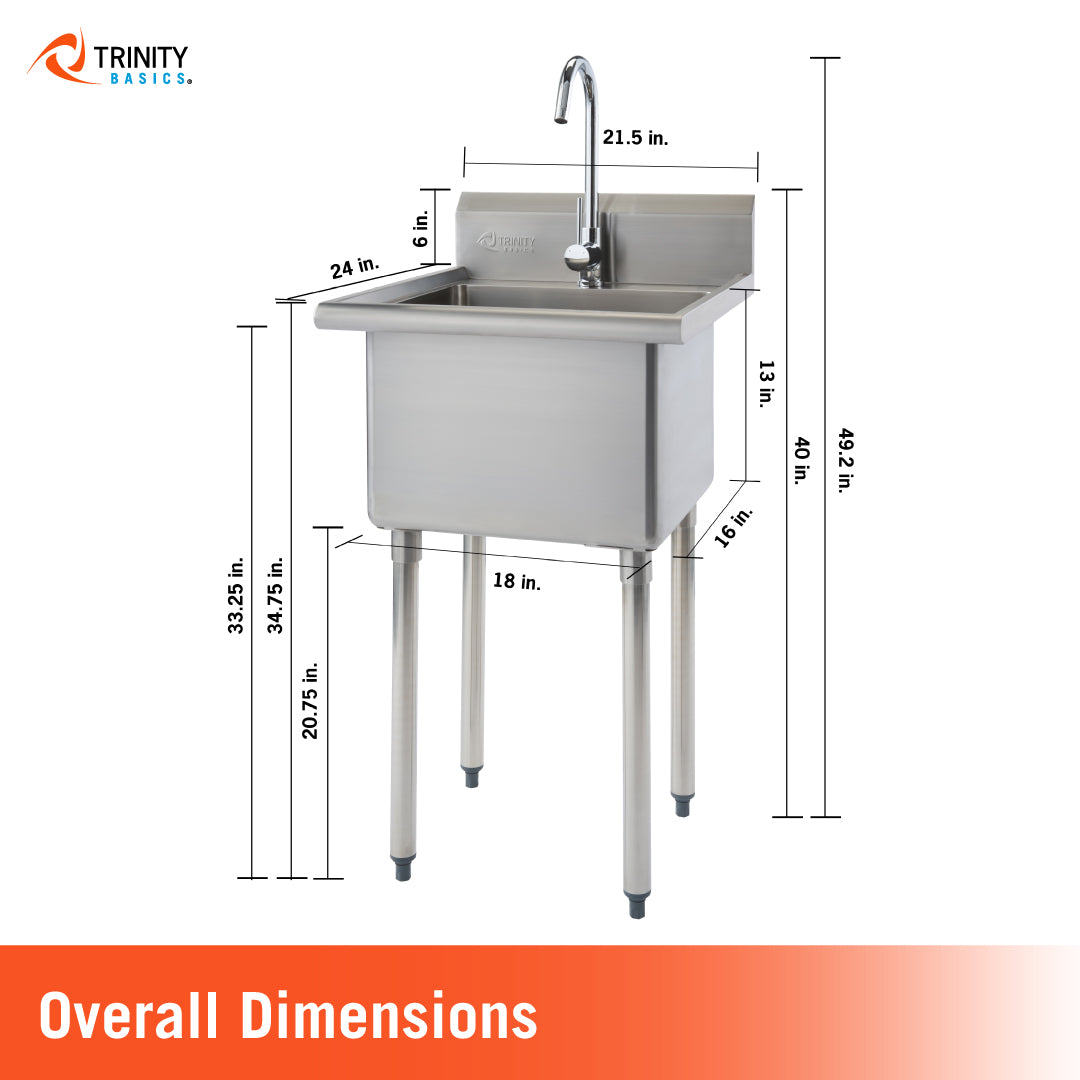 The displays a Trinity Basics stainless steel utility sink featuring a tall chrome faucet and adjustable legs. Detailed dimensions include an overall height of 49.2 in, a sink width of 21.5 in, a total depth of 24 in, a bowl depth of 13 in, and leg height of 20.75 in.