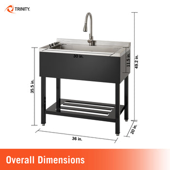 A Trinity utility sink with a black finish is shown with its overall dimensions, including a 36-inch width and a 49.2-inch total height. The diagram specifies the basin as 30 inches wide by 14 inches deep, with a sink rim height of 35.5 inches and an overall depth of 20 inches.