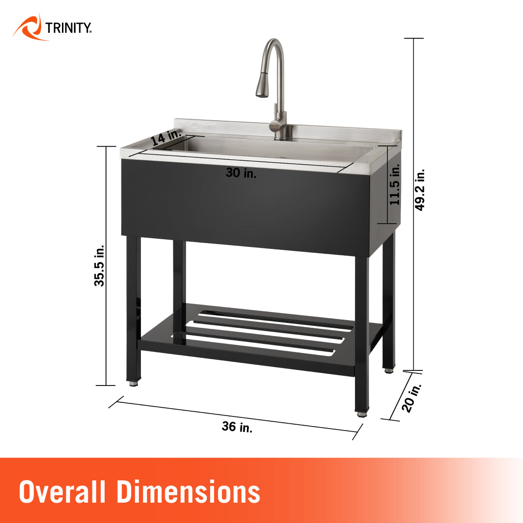 A Trinity utility sink with a black finish is shown with its overall dimensions, including a 36-inch width and a 49.2-inch total height. The diagram specifies the basin as 30 inches wide by 14 inches deep, with a sink rim height of 35.5 inches and an overall depth of 20 inches.
