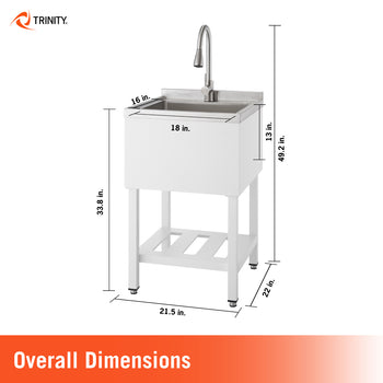 A front-facing view of a white utility sink with a stainless steel basin and faucet. Dimensions are annotated, showing the sink is 21.5 inches wide, 22 inches deep, and 49.2 inches tall to the top of the faucet, with the basin itself being 18 inches wide by 16 inches deep and 13 inches tall.