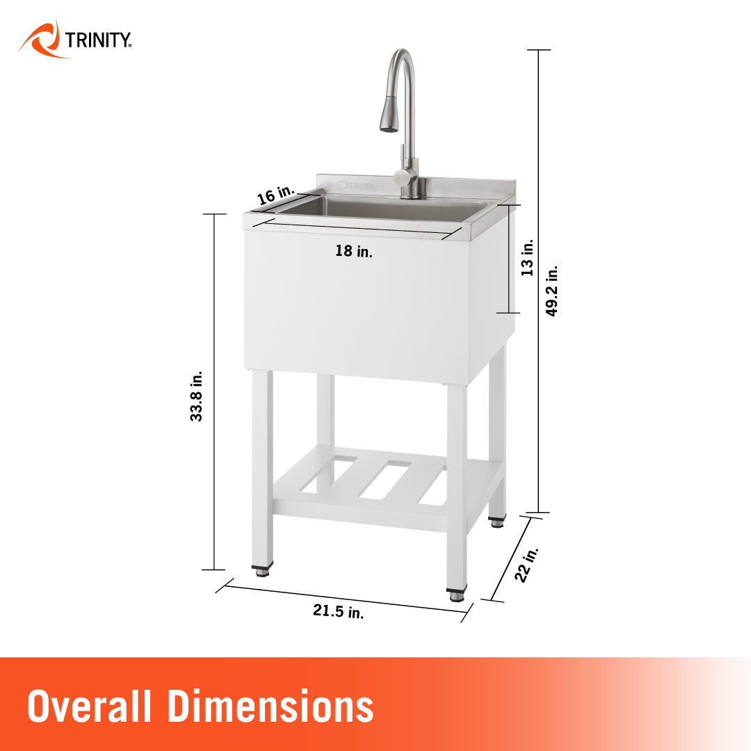 A front-facing view of a white utility sink with a stainless steel basin and faucet. Dimensions are annotated, showing the sink is 21.5 inches wide, 22 inches deep, and 49.2 inches tall to the top of the faucet, with the basin itself being 18 inches wide by 16 inches deep and 13 inches tall.