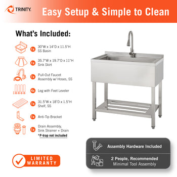 An informational graphic for a Trinity utility sink identifies the included parts, such as a 30