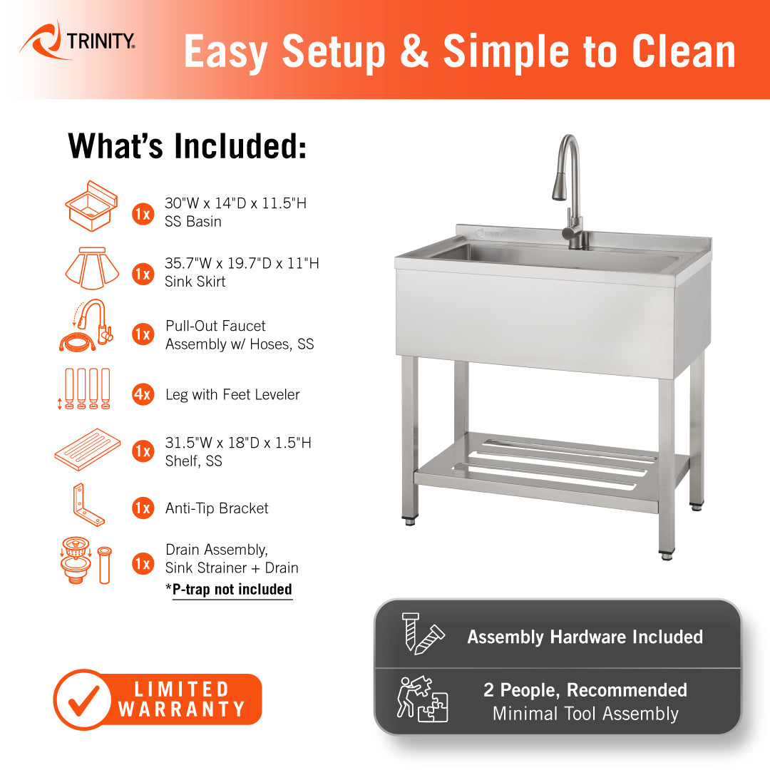 An informational graphic for a Trinity utility sink identifies the included parts, such as a 30"W x 14"D x 11.5"H stainless steel basin, a sink skirt, and a pull-out faucet assembly with hoses. The image also specifies that assembly hardware is provided and recommends a two-person setup for minimal tool assembly.