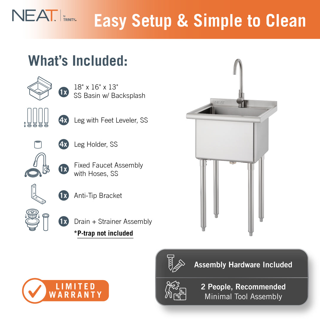 An informational graphic, titled "Easy Setup & Simple to Clean," illustrates the components of a freestanding stainless steel utility sink. A checklist under "What's Included:" lists one basin with backsplash, four legs and levelers, four leg holders, a faucet assembly with hoses, an anti-tip bracket, and a drain and strainer assembly.