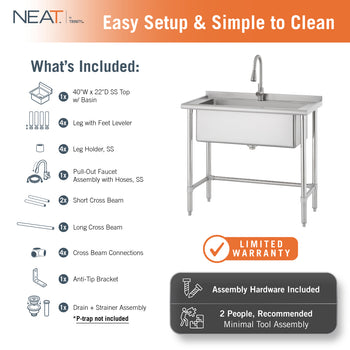 This infographic shows the unboxing of a large stainless steel Trinity utility sink and lists all included components, such as a pull-out faucet and anti-tip bracket. A checklist on the left details each part, while text and icons on the bottom right provide details on the assembly and limited warranty.