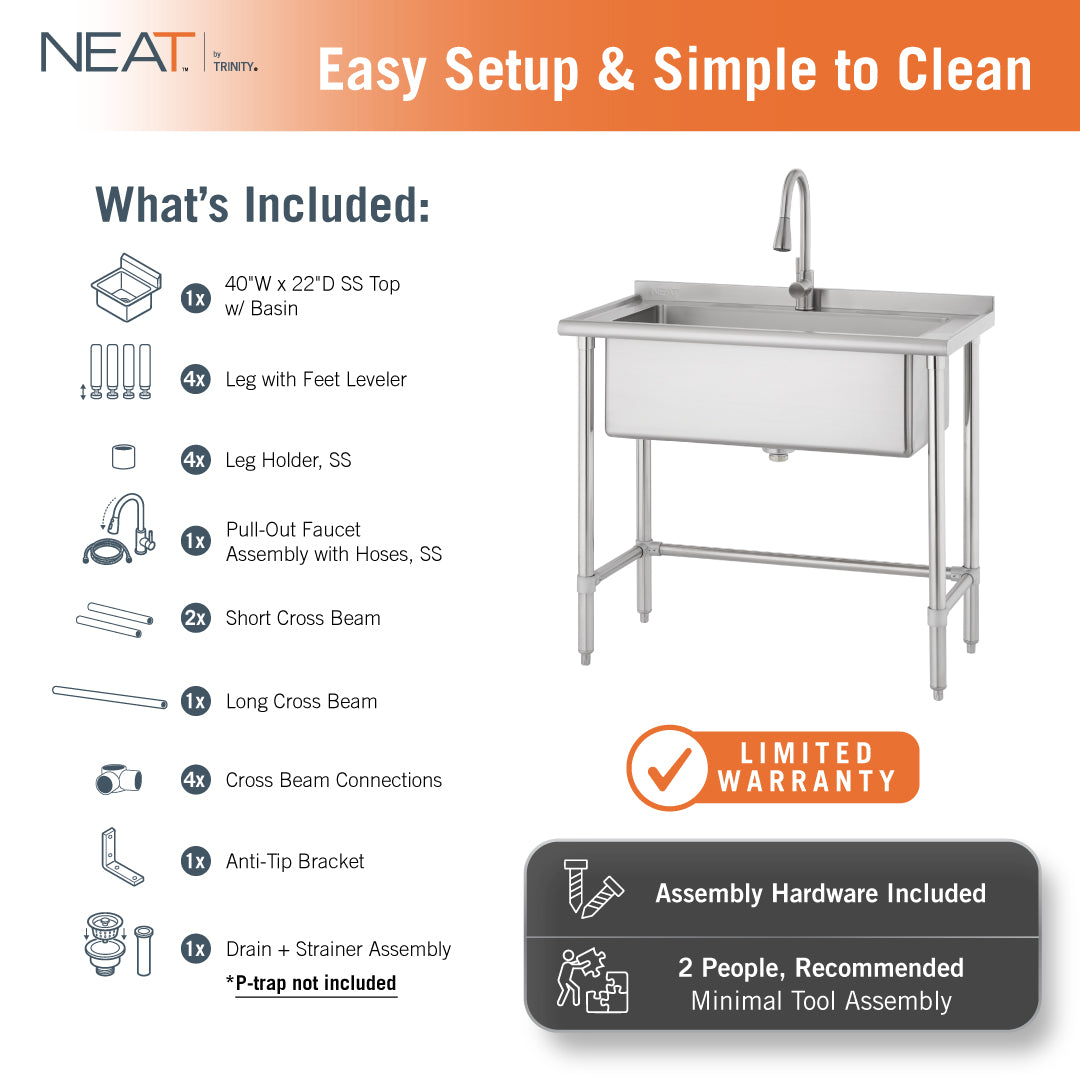 This infographic shows the unboxing of a large stainless steel Trinity utility sink and lists all included components, such as a pull-out faucet and anti-tip bracket. A checklist on the left details each part, while text and icons on the bottom right provide details on the assembly and limited warranty.