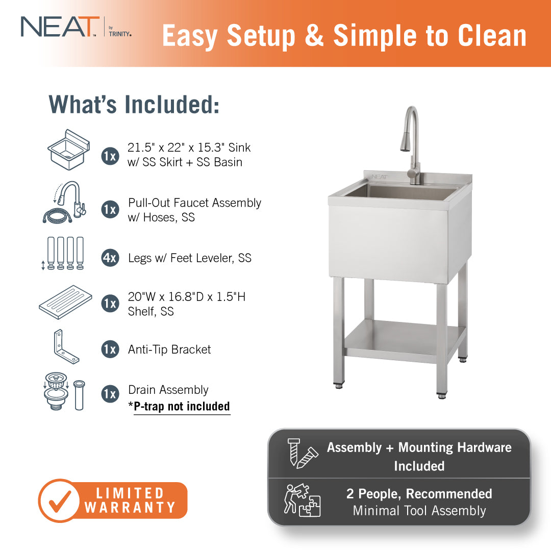 This NEAT by Trinity utility sink kit includes a 21.5" x 22" x 15.3" stainless steel basin and skirt, a pull-out faucet assembly, and a 20"W bottom shelf. The infographic specifies that assembly and mounting hardware are included with a recommendation for a two-person setup.