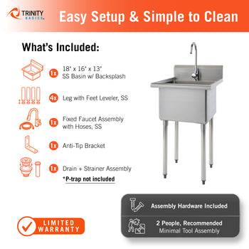 An informational graphic for a Trinity Basics utility sink details the included parts, such as an $18