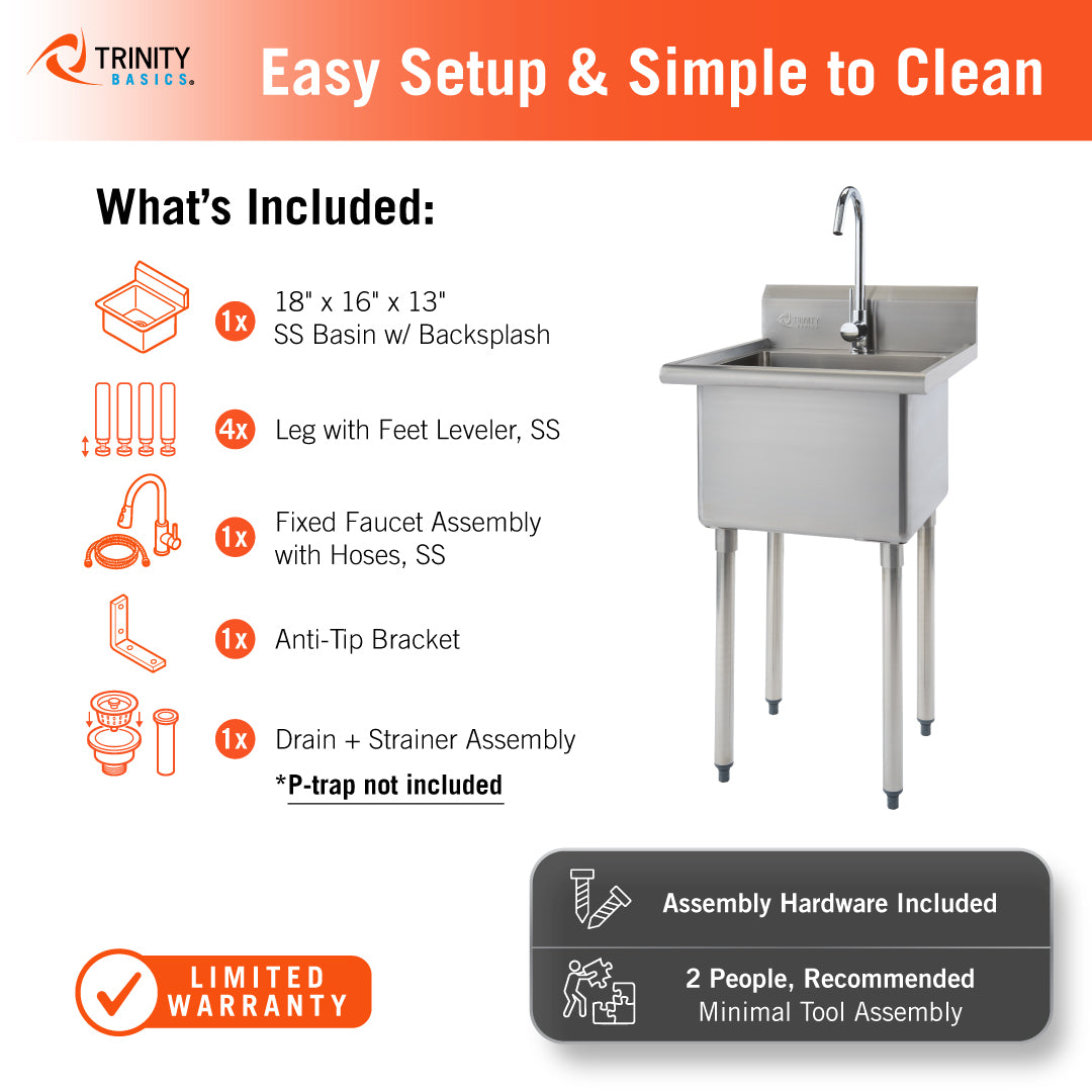 An informational graphic for a Trinity Basics utility sink details the included parts, such as an $18" \times 16" \times 13"$ stainless steel basin with backsplash, four legs with feet levelers, and a fixed faucet assembly. The image also specifies that assembly hardware and an anti-tip bracket are provided, recommending a two-person setup for minimal tool assembly.