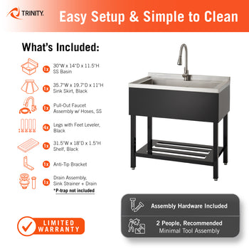 An informational graphic for a Trinity utility sink with a black finish lists included parts, such as a 30