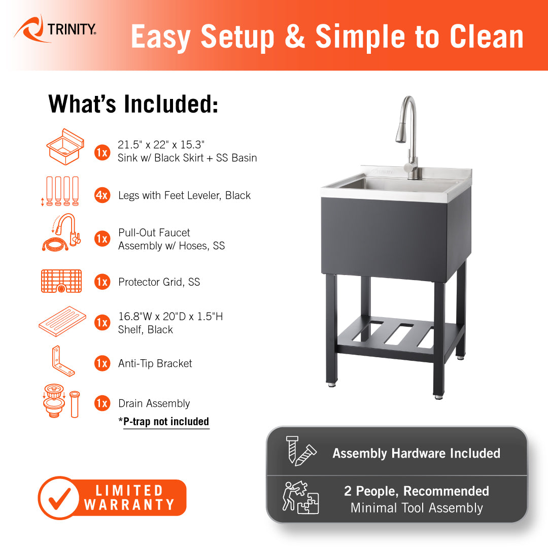 This Trinity utility sink kit includes a 21.5" x 22" x 15.3" stainless steel basin with a black skirt, a pull-out faucet assembly, and a 16.8"W black slotted bottom shelf. The infographic specifies that a stainless steel protector grid and assembly hardware are included, recommending a two-person setup for the commercial-grade unit.