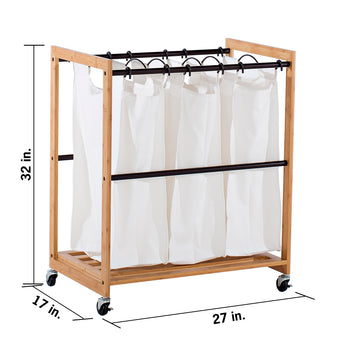 A bamboo laundry hamper on wheels with four white canvas bags. The hamper is 32 inches high, 27 inches wide, and 17 inches deep.