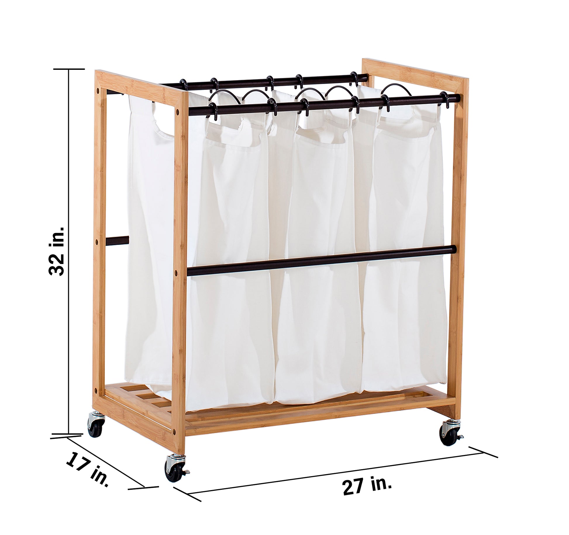 A bamboo laundry hamper on wheels with four white canvas bags. The hamper is 32 inches high, 27 inches wide, and 17 inches deep.