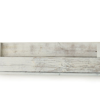 A single floating wood shelf, weathered and painted white, is mounted horizontally against a white background. The shelf has a rectangular shape with a backboard and a slightly recessed bottom shelf, creating a small ledge.