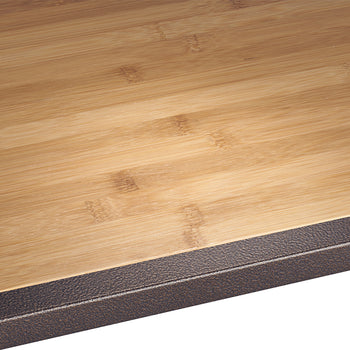 A close-up shows the corner of a light brown bamboo shelf with visible grain, bordered by a textured, dark metallic bronze frame.